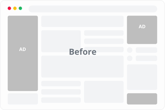 Before and after comparison of a website screen with and without ads